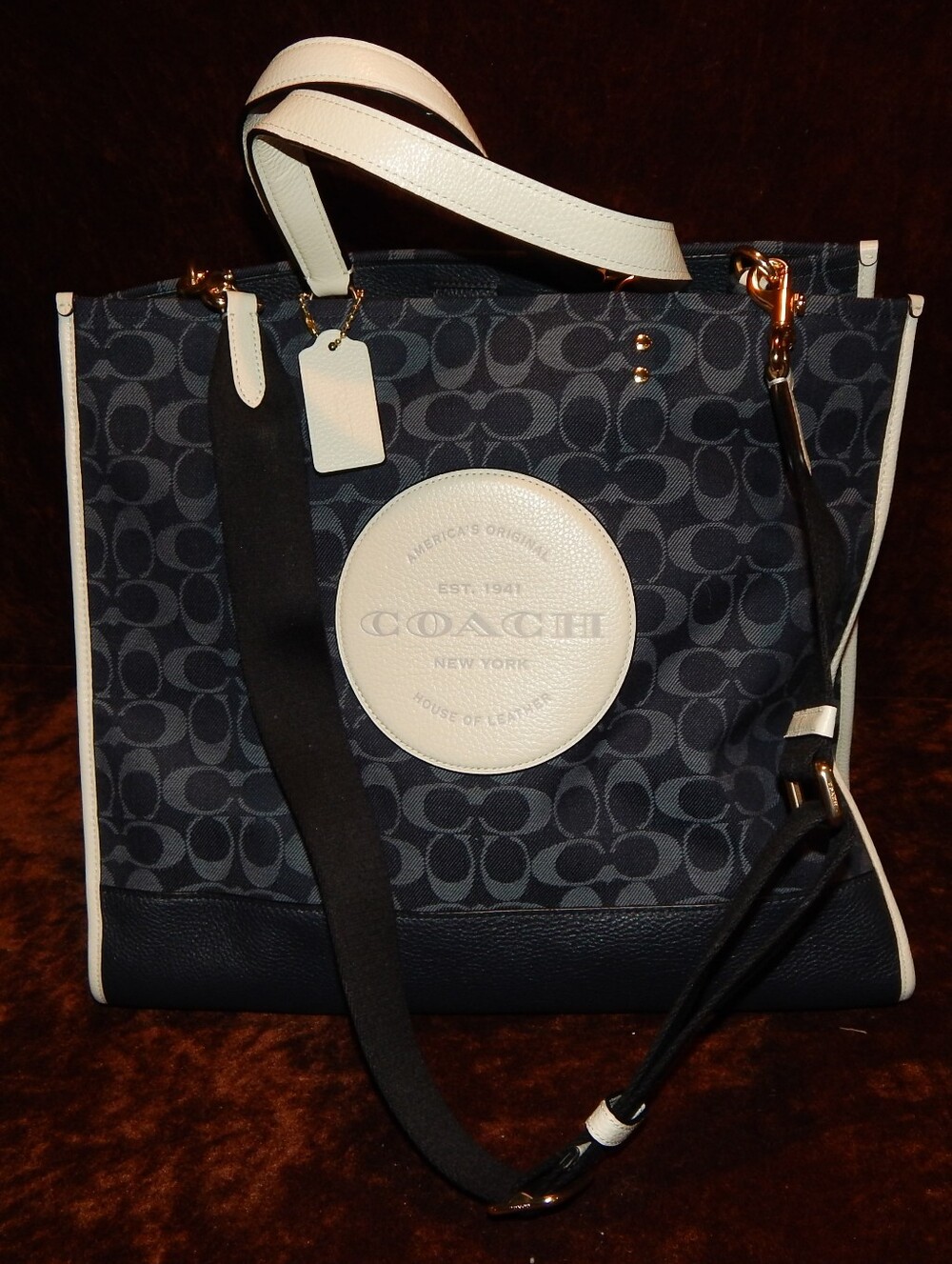COACH Navy Signature Canvas Tote with Cream Trim and Gold Hardware